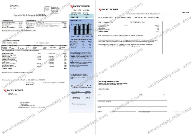 USA Pacific Power utility bill, Word and PDF template, 2 pages